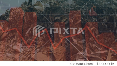 Presenting red bar and line graph grid overlay in scrapyard, with metal mesh, scrap metal pieces 128732316