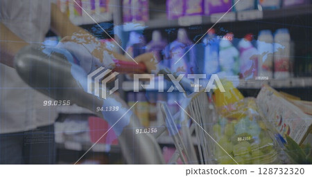 Gripping shopper hands guiding grocery-filled cart through supermarket aisle, with data overlay 128732320
