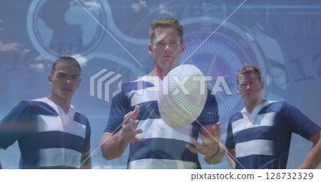 Image of statistics and icons over rugby players Image of statistics and icons over rugby players 128732329