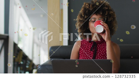 Image of caucasian girl with digital tablet against mathematical with mathematical equations 128732335