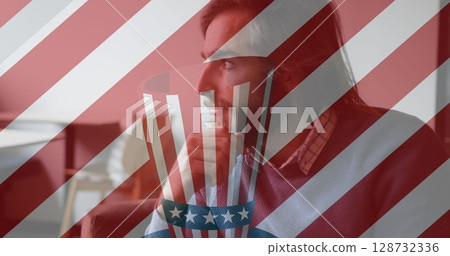 Image of moving stripes and hat over businessmen 128732336