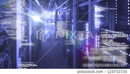 Image of digital data processing over server room Image of digital data processing over server room 128732338