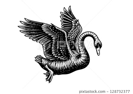 Graceful vector illustration of a swan in flight, showcasing its elegance and beauty. Wildlife Animals. 128732377