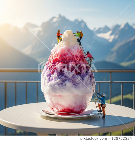 Cool mountain exploration! Enjoy shaved ice in the summer and the adventures of the mountaineering team. Background image for shaved ice title badge. Background material. 128732534