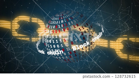 Image of globe with binary coding over network of connections on black background Image of globe with binary coding over network of connections on black background 128732615