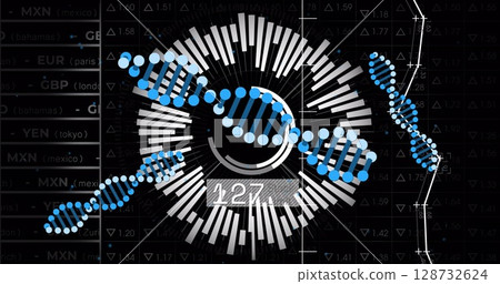 Image of dna strand over data processing 128732624