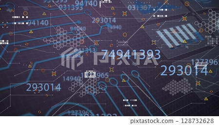 Displaying glowing cyan circuits over dark grid, with digits, hexagons and warning triangles 128732628