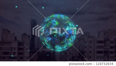 Floating sphere showing green-blue facets above city skyline at dusk, with floating particles 128732634