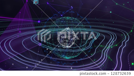 Displaying central 3D data sphere rotating in network map, with glowing rings and neon connectors 128732639