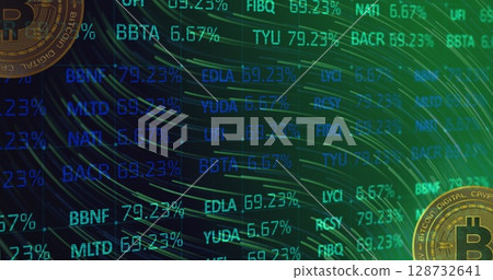 Image of financial data processing and bitcoins over dark background Image of financial data processing and bitcoins over dark background 128732641