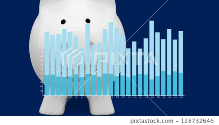 Displaying white piggy bank shape merging with two-tone bar chart on navy background with gridlines 128732646