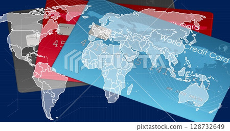 Displaying stacked red gray blue payment cards on blue layout with world map overlay, numeric codes 128732649