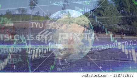 Merging farmyard chickens on dirt at rural farm, with candlestick graphs and glowing Earth globe Merging farmyard chickens on dirt at rural farm, with candlestick graphs and glowing Earth globe 128732652