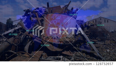 Showing large heap of rusted metal beams and pipes sitting in scrap yard, with data overlays 128732657