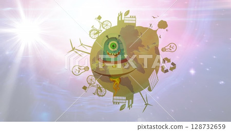 Hovering cyclops creature inside flying saucer orbiting stylized globe in outer space, eco icons 128732659