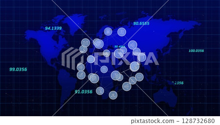 Globe of digital icons and numbers floating over world map against blue background 128732680