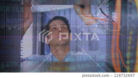 Image of financial data processing over caucasian server room worker Image of financial data processing over caucasian server room worker 128732697