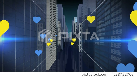 Image of failing hearts and lights over cityscape Image of failing hearts and lights over cityscape 128732705