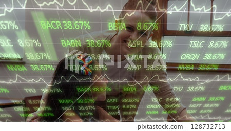 Image of financial data processing over diverse schoolchildren with teacher 128732713