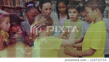Observing adult guiding students examining transparent jar on table in library, with graph overlays 128732714