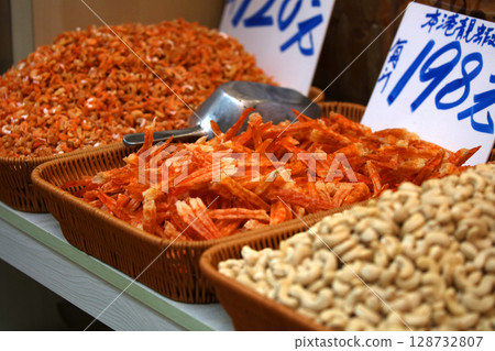 Dried shrimp sold at a dry food store in the west of Des Voeux Road, Hong Kong. Prices vary depending on the place of origin and size. 128732807