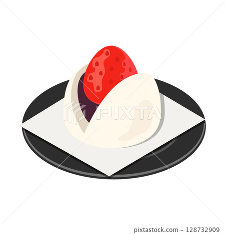Strawberry Daifuku served on a black round plate and white paper (flat isometric illustration) Strawberry Daifuku served on a black round plate and white paper (flat isometric illustration) 128732909