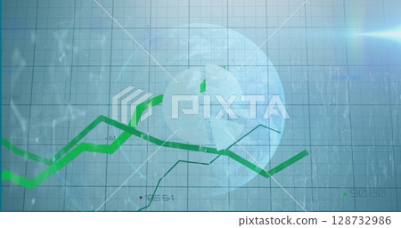 Image of globe and financial data processing over grid 128732986