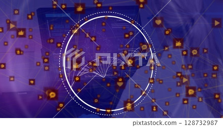 Image of data processing with dna strand over caucasian woman using computer 128732987