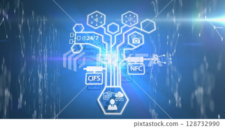 Displaying central network diagram glowing in virtual dashboard, with hexagonal protocol icons Displaying central network diagram glowing in virtual dashboard, with hexagonal protocol icons 128732990