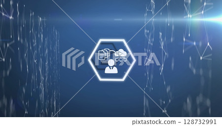 Displaying glowing hexagon frame enclosing user icon, data icons in digital tunnel, with lens flare Displaying glowing hexagon frame enclosing user icon, data icons in digital tunnel, with lens flare 128732991