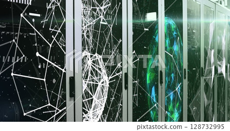 Displaying server rack glass door featuring illuminated network patterns in data center, with LEDs 128732995