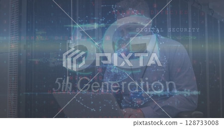 Image of 5g text over caucasian it male engineer with laptop by computer servers Image of 5g text over caucasian it male engineer with laptop by computer servers 128733008