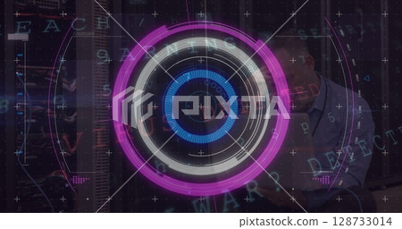 Image of processing circle over screen with diverse data 128733014