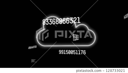 Image of falling numbers over cloud icons on dark background 128733021