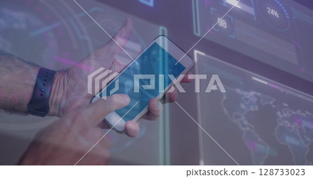 Image of data processing and scopes over hands using smartphone 128733023