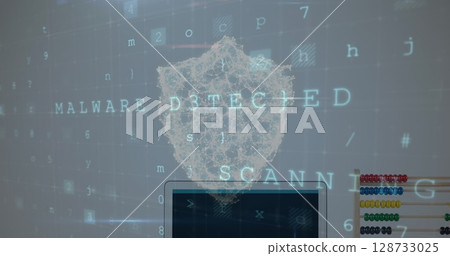 Displaying wireframe shield icon scanning on screen with MALWARE DETECTED and SCANNING text, beads 128733025