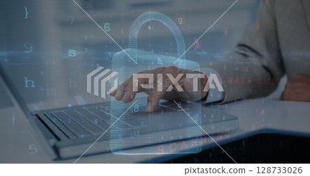 Image of binary coding data processing over man using laptop 128733026