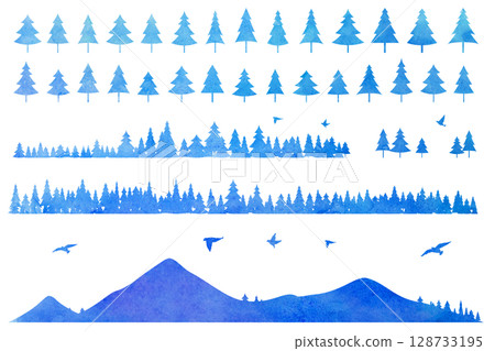 Coniferous trees and mountain silhouette illustration set icon background illustration 128733195