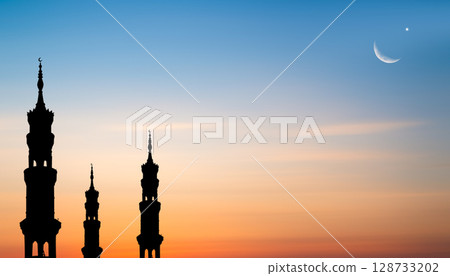 Musque Dome Night Building with Sky Moon Sunset Background Mubaruk Greeting Islam Ramadan Element Masjid Aqsa Hajj Kaaba Umrah Eid Arabian Religion Islamic Muhammad Arab Muslim Greeting. 128733202