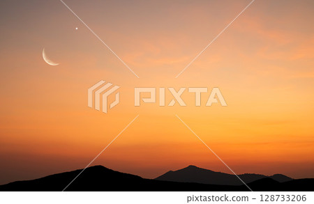 Islam Camel Desert Mountain Night Isra miraj Namaz Sky Moon Sunset Background Mubaruk Greeting Islam Ramadan Element Masjid Aqsa Hajj Kaaba Umrah Eid Arabian Religion Islamic Arab Muslim Greeting. 128733206