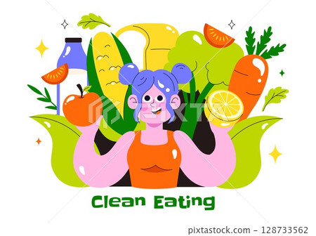 Clean Eating Vector Illustration featuring Fresh Organic Vegetables and Fruits for a Healthy Daily Diet and Balanced Lifestyle in a Flat Background 128733562