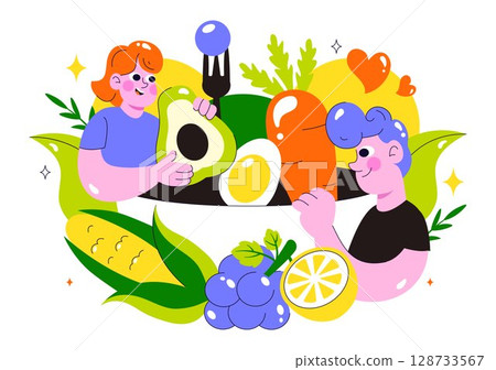 Clean Eating Vector Illustration featuring Fresh Organic Vegetables and Fruits for a Healthy Daily Diet and Balanced Lifestyle in a Flat Background 128733567