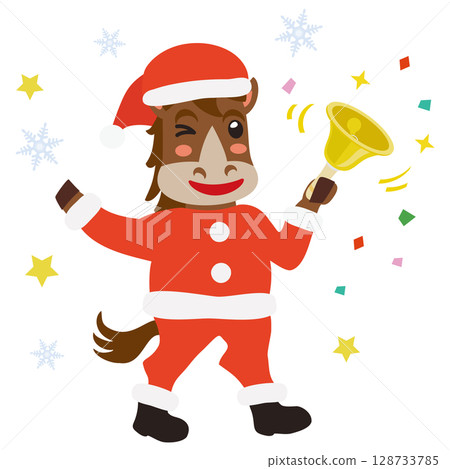 一匹可愛的馬拿著手鈴準備聖誕節促銷的插圖 一匹可愛的馬拿著手鈴準備聖誕節促銷的插圖 128733785