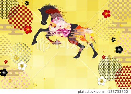 Horse New Year's card cherry blossom background 128733860