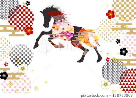 Horse New Year's card cherry blossom background 128733862