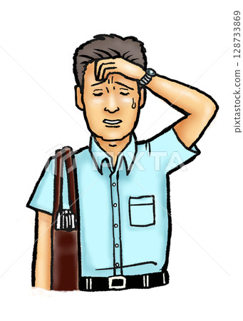 Midsummer business scene: A man walking to work or on business wiping sweat from his face Midsummer business scene: A man walking to work or on business wiping sweat from his face 128733869