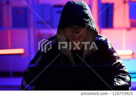 Hacker launching cyberattack targeting data systems and exposing cybersecurity vulnerabilities 128733923