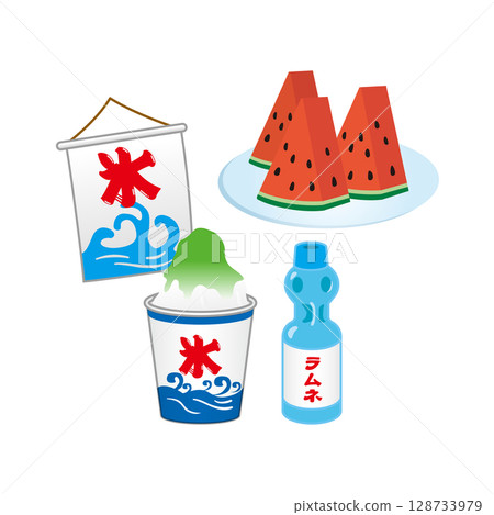 刨冰、波子汽水和西瓜插畫 刨冰、波子汽水和西瓜插畫 128733979