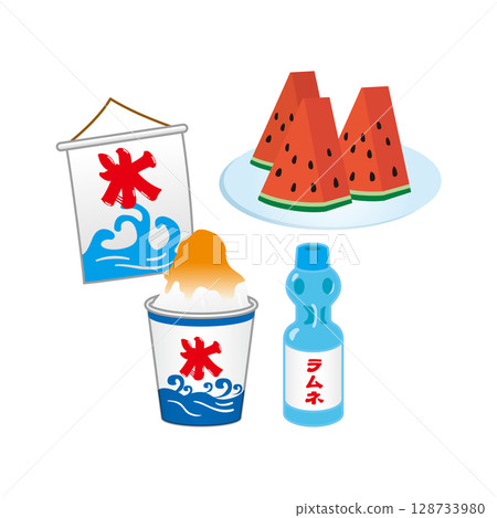 Shaved ice, Ramune and watermelon illustration 128733980