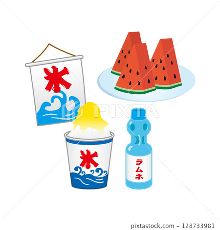 刨冰、波子汽水和西瓜插畫 刨冰、波子汽水和西瓜插畫 128733981